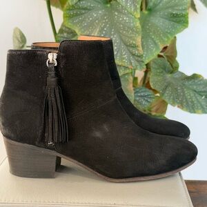 Coach Pricilla Black Oiled Toe Heel Ankle Boot Suede Leather Tassel Side Zip